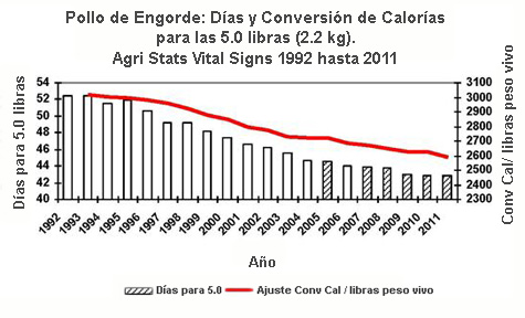 Pollo de Engorde: Días y Conversión de Calorías para las 5.0 libras (2.2 kg). 
Agri Stats Vital Signs 1992 hasta 2011 